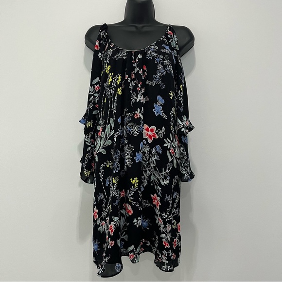 NWT Parker Black Blue Woodland Floral Printed Cold Shoulder Agave Mini Dress L - Picture 3 of 16